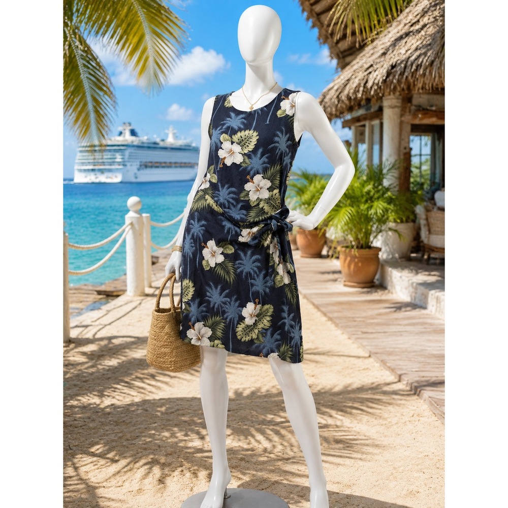 Pacific Legend Hawaii Tropical Hibiscus Dress M Navy Wrap Tie Resort Cruise